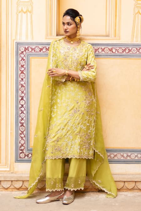Buy_Pink City By Sarika_Lime Chanderi Silk Embroidery, Beads, Zari Round Neck Kurta Set _Online_at_Aza_Fashions