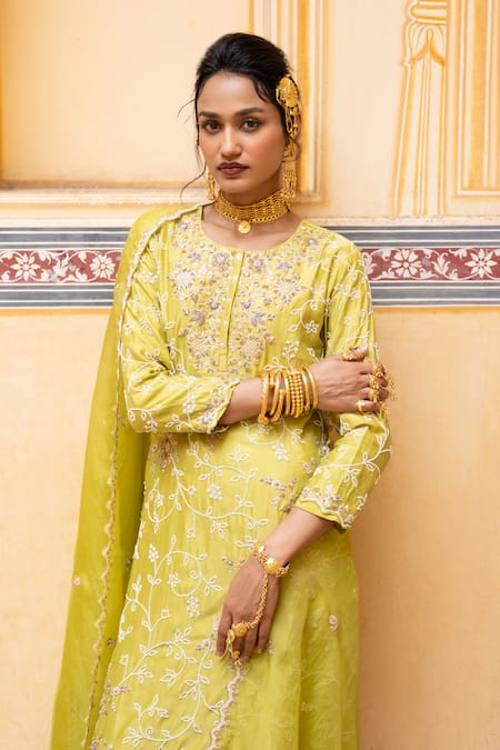 Shop_Pink City By Sarika_Lime Chanderi Silk Embroidery, Beads, Zari Round Neck Kurta Set _Online_at_Aza_Fashions