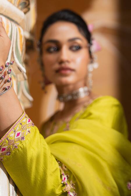 Pink City By Sarika_Lime Chanderi Silk, Silk, Chanderi, Organza Embroidery, Butti Work Kurta Set _Online_at_Aza_Fashions