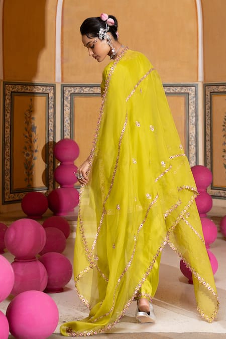 Buy_Pink City By Sarika_Lime Chanderi Silk, Silk, Chanderi, Organza Embroidery, Butti Work Kurta Set _Online_at_Aza_Fashions