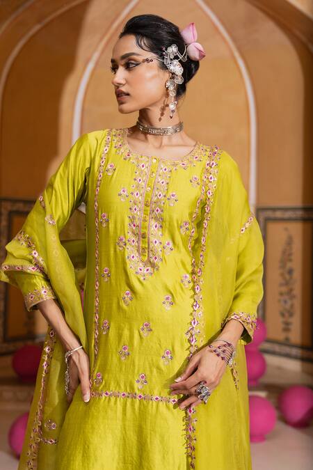 Shop_Pink City By Sarika_Lime Chanderi Silk, Silk, Chanderi, Organza Embroidery, Butti Work Kurta Set _Online_at_Aza_Fashions