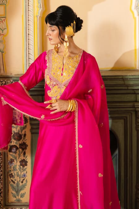 Buy_Pink City By Sarika_Pink Chanderi , , Chanderi, Organza Embroidery, Zari, Kurta Set _Online_at_Aza_Fashions