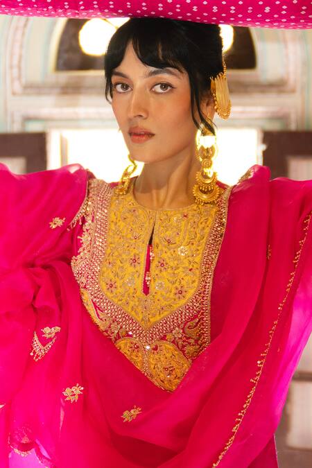 Pink City By Sarika_Pink Chanderi , , Chanderi, Organza Embroidery, Zari, Kurta Set _at_Aza_Fashions