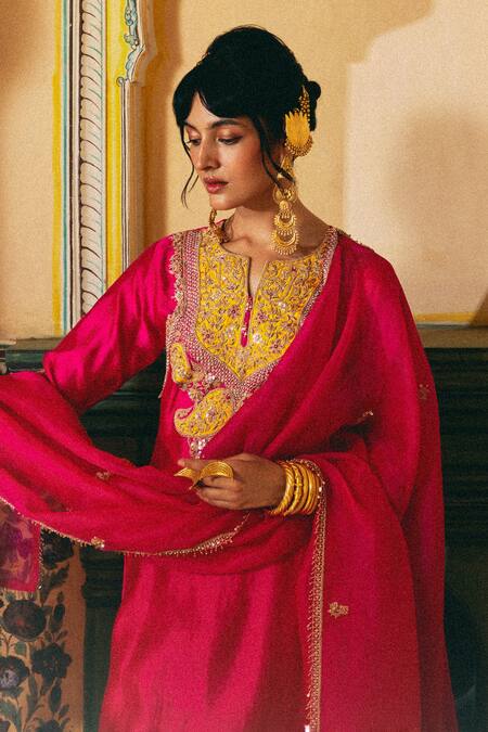 Shop_Pink City By Sarika_Pink Chanderi , , Chanderi, Organza Embroidery, Zari, Kurta Set 