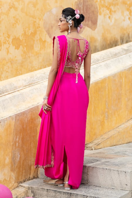 Pink City By Sarika Floral Embroidered Blouse & Pre-Draped Saree Set 