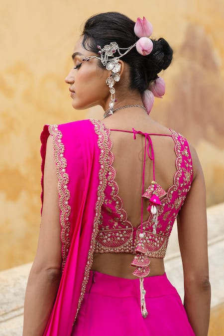 Pink City By Sarika_Fuchsia Dupion, Silk Embroidery, Sequins, Floral Blouse And Pre-draped Saree Set _Online_at_Aza_Fashions