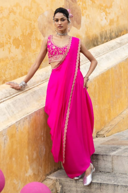 Buy_Pink City By Sarika_Fuchsia Dupion, Silk Embroidery, Sequins, Floral Blouse And Pre-draped Saree Set _Online_at_Aza_Fashions