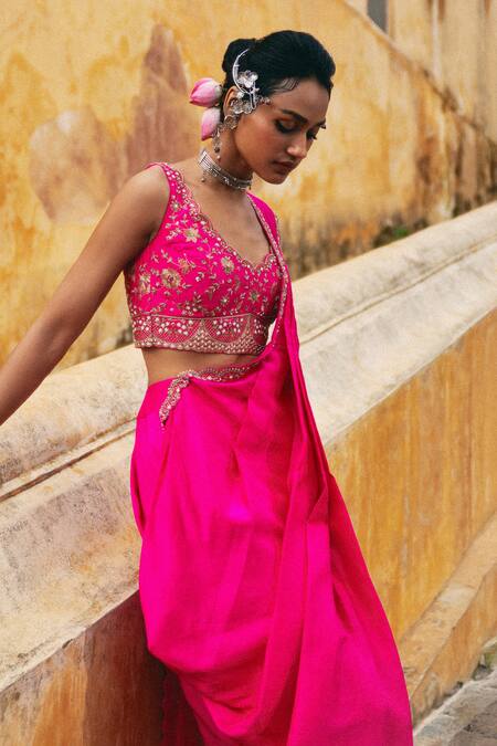 Shop_Pink City By Sarika_Fuchsia Dupion, Silk Embroidery, Sequins, Floral Blouse And Pre-draped Saree Set _Online_at_Aza_Fashions