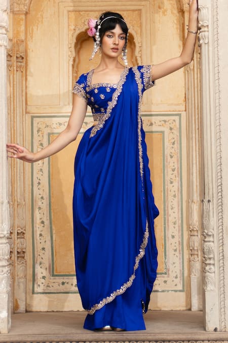 Shop_Pink City By Sarika_Blue Silk Embroidery, Zari Square Neck Floral Blouse And Pre-draped Saree Set _Online_at_Aza_Fashions