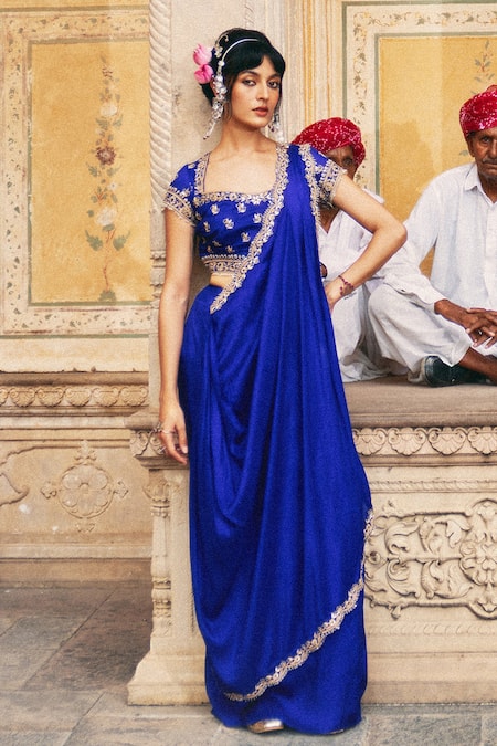 Pink City By Sarika Floral Embroidered Blouse & Pre-Draped Saree Set 