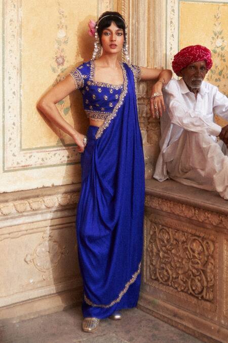 Pink City By Sarika_Blue Silk Embroidery, Zari Square Neck Floral Blouse And Pre-draped Saree Set _at_Aza_Fashions
