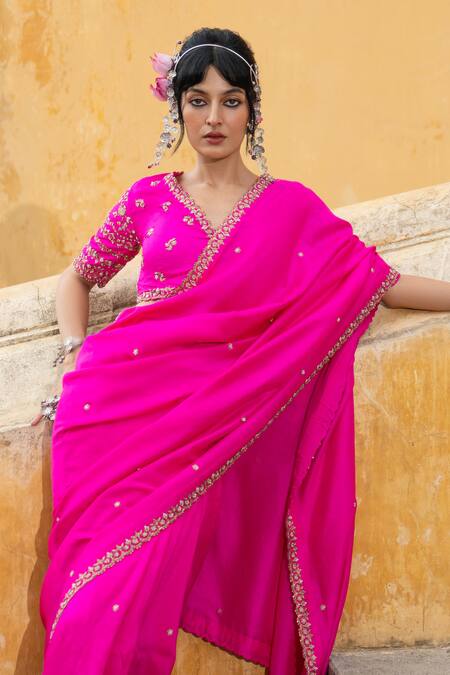 Pink City By Sarika_Fuchsia Dupion Embroidery, Zari V-neck Rani Sa Blouse And Set _Online_at_Aza_Fashions