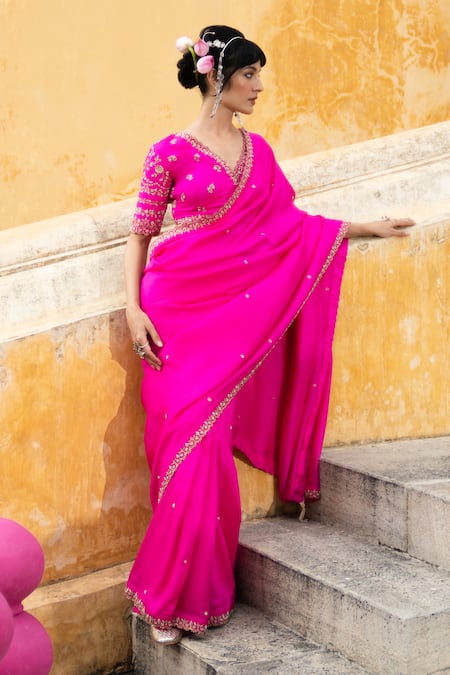 Buy_Pink City By Sarika_Fuchsia Dupion Embroidery, Zari V-neck Rani Sa Blouse And Set _Online_at_Aza_Fashions