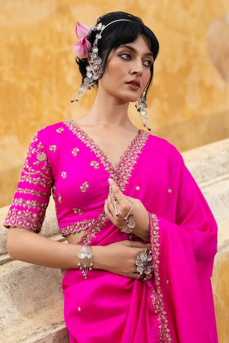 Shop_Pink City By Sarika_Fuchsia Dupion Embroidery, Zari V-neck Rani Sa Blouse And Set _Online_at_Aza_Fashions
