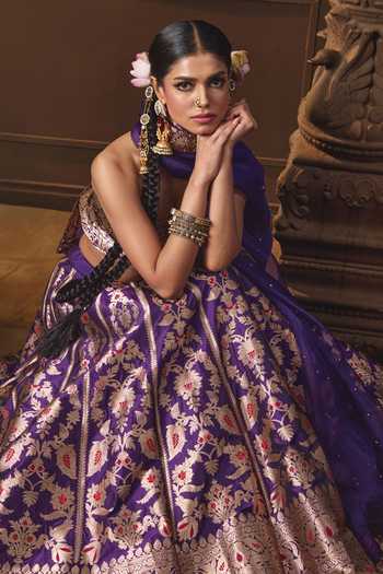 Shop_Vishwa By Pinki Sinha_Purple Silk, Brocade, Organza Banarasi Lehenga Set With Unstitched Blouse Piece _Online_at_Aza_Fashions