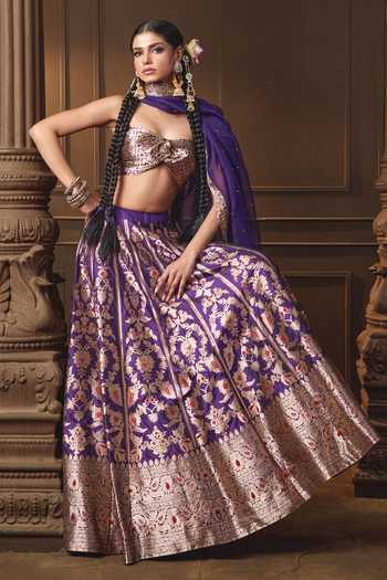 Vishwa By Pinki Sinha_Purple Silk, Brocade, Organza Banarasi Lehenga Set With Unstitched Blouse Piece _at_Aza_Fashions