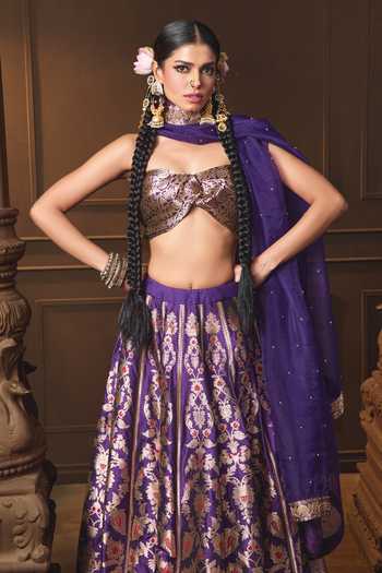 Buy_Vishwa By Pinki Sinha_Purple Silk, Brocade, Organza Banarasi Lehenga Set With Unstitched Blouse Piece 