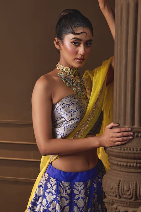 Buy_Vishwa By Pinki Sinha_Blue Silk Zari, Embroidery Banarasi Lehenga Set With Unstitched Blouse Piece _Online_at_Aza_Fashions