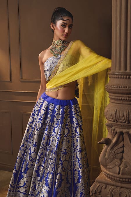 Shop_Vishwa By Pinki Sinha_Blue Silk Zari, Embroidery Banarasi Lehenga Set With Unstitched Blouse Piece _Online_at_Aza_Fashions