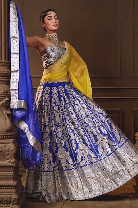 Vishwa By Pinki Sinha_Blue Silk Zari, Embroidery Banarasi Lehenga Set With Unstitched Blouse Piece _at_Aza_Fashions