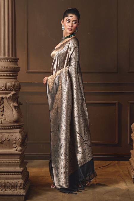 Vishwa By Pinki Sinha Black Silk Zari Banarasi Saree With Running Blouse Piece Online at Aza Fashions Vishwa By Pinki Sinha_Black Silk Zari Banarasi Saree With Running Blouse Piece _Online_at_Aza_Fashions