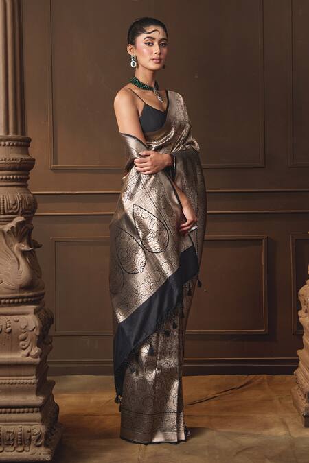 Buy Vishwa By Pinki Sinha Black Silk Zari Banarasi Saree With Running Blouse Piece Online at Aza Fashions Buy_Vishwa By Pinki Sinha_Black Silk Zari Banarasi Saree With Running Blouse Piece _Online_at_Aza_Fashions