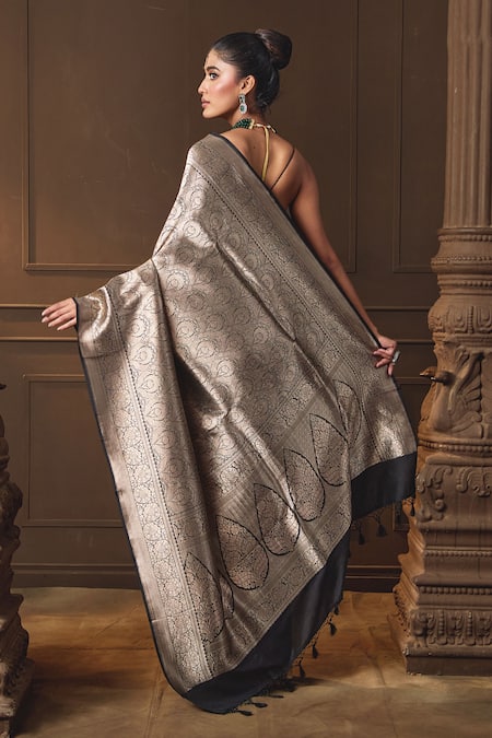Shop Vishwa By Pinki Sinha Black Silk Zari Banarasi Saree With Running Blouse Piece at Aza Fashions Shop_Vishwa By Pinki Sinha_Black Silk Zari Banarasi Saree With Running Blouse Piece _at_Aza_Fashions