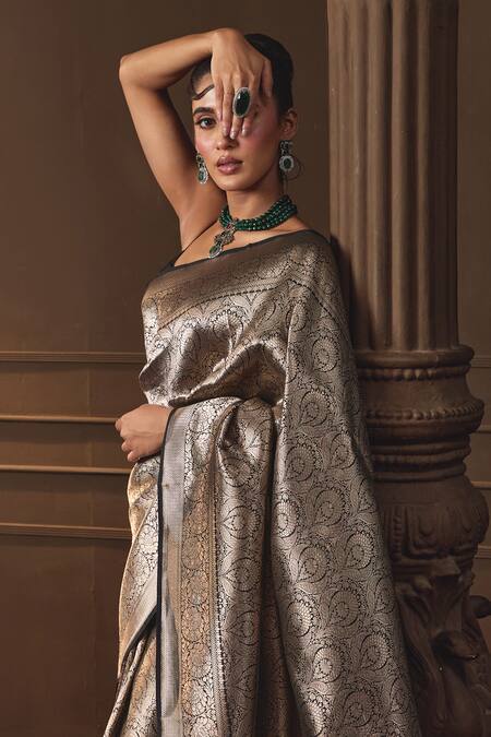 Shop Vishwa By Pinki Sinha Black Silk Zari Banarasi Saree With Running Blouse Piece Online at Aza Fashions Shop_Vishwa By Pinki Sinha_Black Silk Zari Banarasi Saree With Running Blouse Piece _Online_at_Aza_Fashions