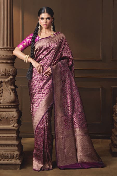 Vishwa By Pinki Sinha Purple Silk, Brocade Zari Banarasi Saree With Running Blouse Piece