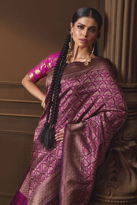 Shop_Vishwa By Pinki Sinha_Purple Silk, Brocade Zari Banarasi Saree With Running Blouse Piece _Online_at_Aza_Fashions