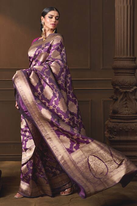Vishwa By Pinki Sinha Purple Silk Zari Floral Woven Saree With Running Blouse Piece Online at Aza Fashions Vishwa By Pinki Sinha_Purple Silk Zari Floral Woven Saree With Running Blouse Piece _Online_at_Aza_Fashions