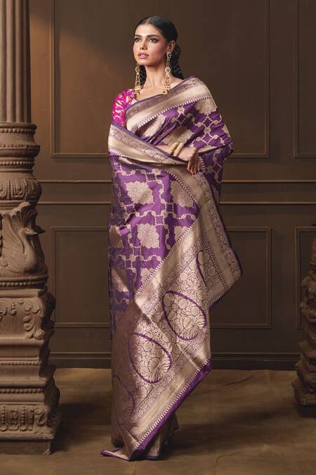 Buy Vishwa By Pinki Sinha Purple Silk Zari Floral Woven Saree With Running Blouse Piece Online at Aza Fashions Buy_Vishwa By Pinki Sinha_Purple Silk Zari Floral Woven Saree With Running Blouse Piece _Online_at_Aza_Fashions