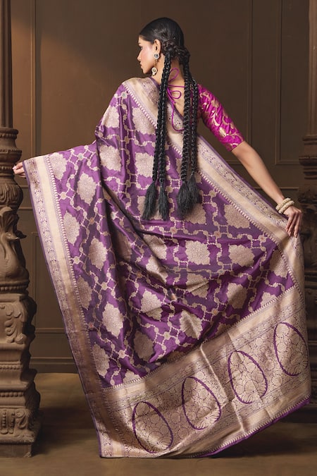 Shop Vishwa By Pinki Sinha Purple Silk Zari Floral Woven Saree With Running Blouse Piece at Aza Fashions Shop_Vishwa By Pinki Sinha_Purple Silk Zari Floral Woven Saree With Running Blouse Piece _at_Aza_Fashions