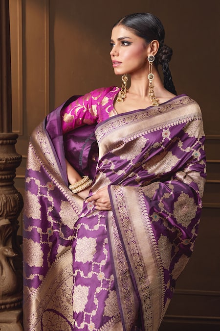 Shop Vishwa By Pinki Sinha Purple Silk Zari Floral Woven Saree With Running Blouse Piece Online at Aza Fashions Shop_Vishwa By Pinki Sinha_Purple Silk Zari Floral Woven Saree With Running Blouse Piece _Online_at_Aza_Fashions