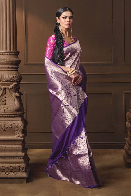 Vishwa By Pinki Sinha Purple Silk, Brocade Zari, Tassels Mughal Woven Saree With Running Blouse Piece Online at Aza Fashions Vishwa By Pinki Sinha_Purple Silk, Brocade Zari, Tassels Mughal Woven Saree With Running Blouse Piece _Online_at_Aza_Fashions