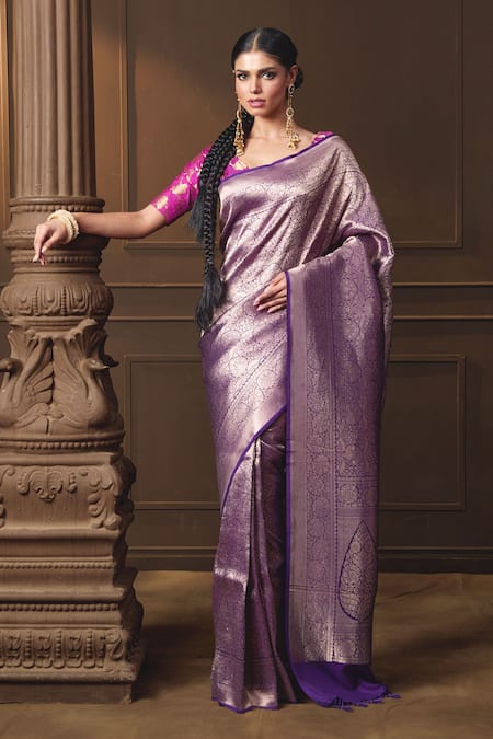 Vishwa By Pinki Sinha Purple Silk, Brocade Zari, Tassels Mughal Woven Saree With Running Blouse Piece