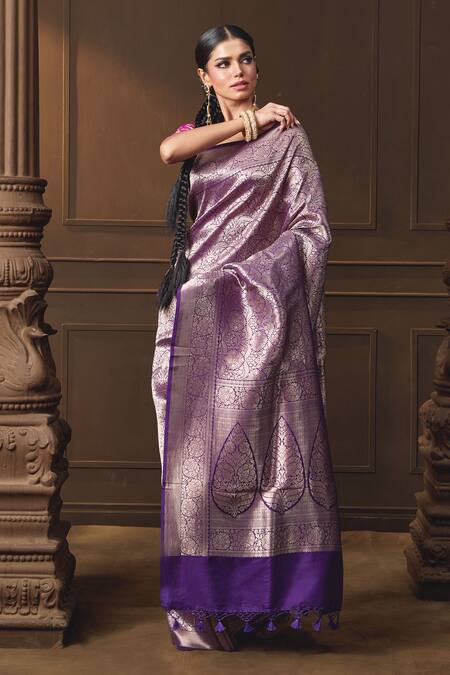 Buy Vishwa By Pinki Sinha Purple Silk, Brocade Zari, Tassels Mughal Woven Saree With Running Blouse Piece Online at Aza Fashions Buy_Vishwa By Pinki Sinha_Purple Silk, Brocade Zari, Tassels Mughal Woven Saree With Running Blouse Piece _Online_at_Aza_Fashions