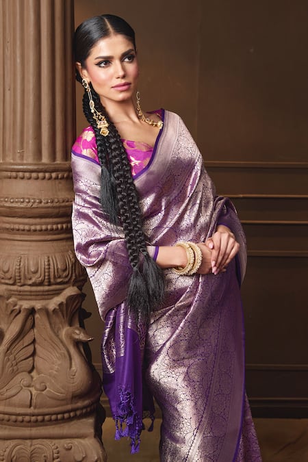 Shop Vishwa By Pinki Sinha Purple Silk, Brocade Zari, Tassels Mughal Woven Saree With Running Blouse Piece Online at Aza Fashions Shop_Vishwa By Pinki Sinha_Purple Silk, Brocade Zari, Tassels Mughal Woven Saree With Running Blouse Piece _Online_at_Aza_Fashions
