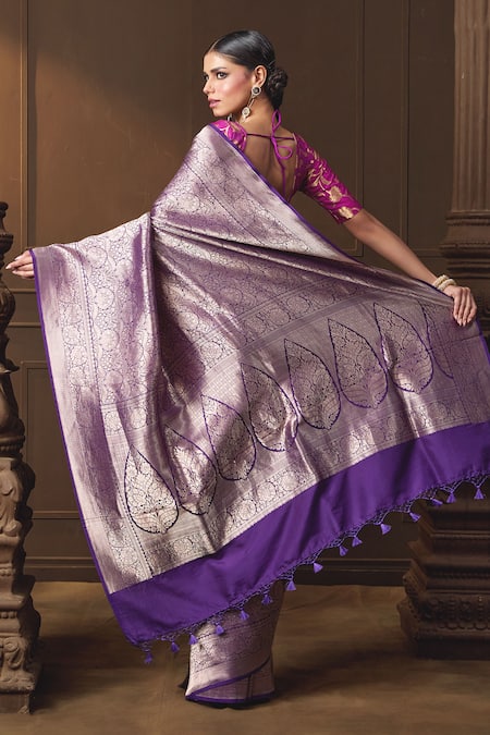 Shop Vishwa By Pinki Sinha Purple Silk, Brocade Zari, Tassels Mughal Woven Saree With Running Blouse Piece at Aza Fashions Shop_Vishwa By Pinki Sinha_Purple Silk, Brocade Zari, Tassels Mughal Woven Saree With Running Blouse Piece _at_Aza_Fashions