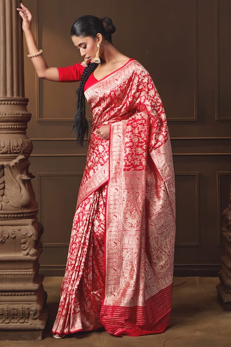 Shop Vishwa By Pinki Sinha Red Silk Zari Woven Saree With Running Blouse Piece Online at Aza Fashions Shop_Vishwa By Pinki Sinha_Red Silk Zari Woven Saree With Running Blouse Piece _Online_at_Aza_Fashions