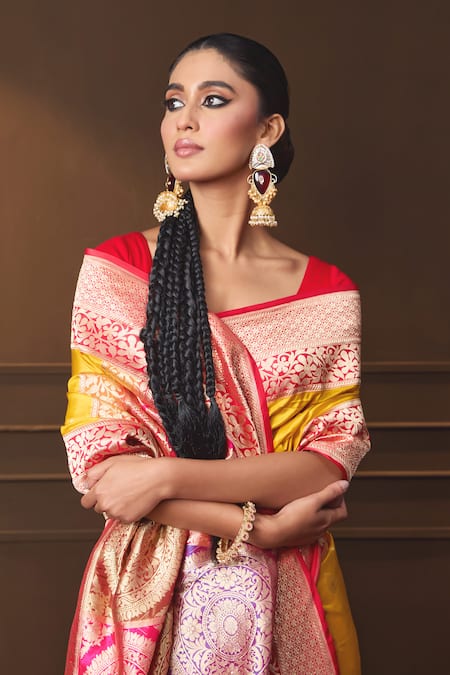 Buy_Vishwa By Pinki Sinha_Yellow Silk Zari Woven Saree With Running Blouse Piece _Online_at_Aza_Fashions