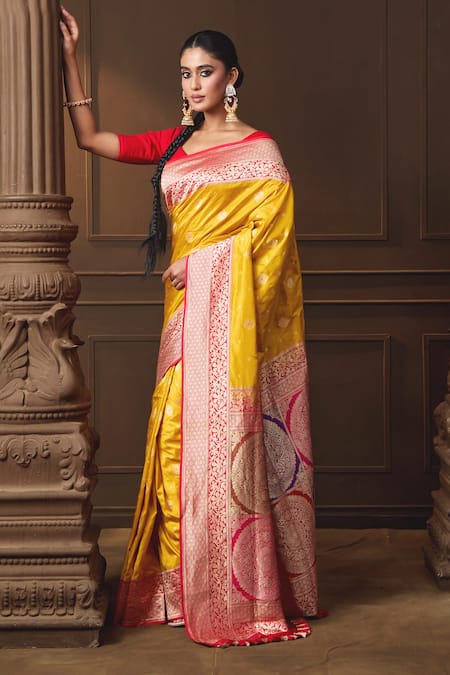 Shop_Vishwa By Pinki Sinha_Yellow Silk Zari Woven Saree With Running Blouse Piece _Online_at_Aza_Fashions
