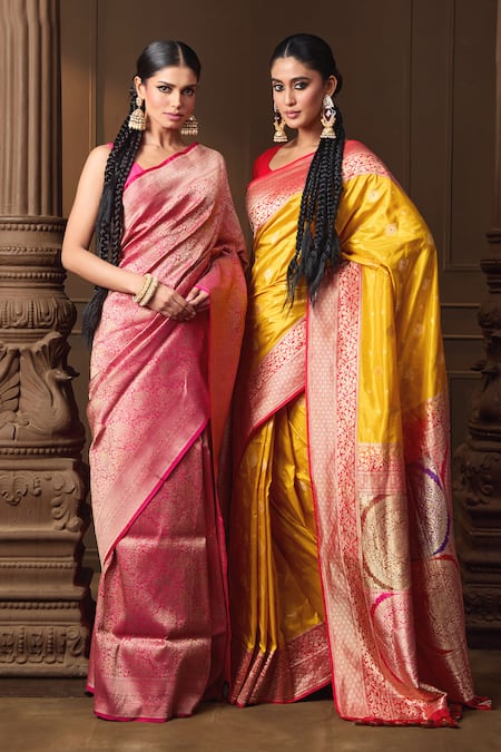 Buy_Vishwa By Pinki Sinha_Yellow Silk Zari Woven Saree With Running Blouse Piece 