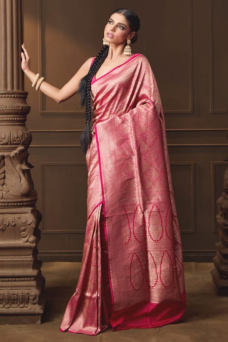 Vishwa By Pinki Sinha Pink Silk Zari Forest Woven Saree With Running Blouse Piece Online at Aza Fashions Vishwa By Pinki Sinha_Pink Silk Zari Forest Woven Saree With Running Blouse Piece _Online_at_Aza_Fashions