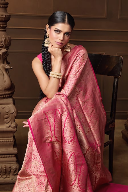 Buy Vishwa By Pinki Sinha Pink Silk Zari Forest Woven Saree With Running Blouse Piece Online at Aza Fashions Buy_Vishwa By Pinki Sinha_Pink Silk Zari Forest Woven Saree With Running Blouse Piece _Online_at_Aza_Fashions