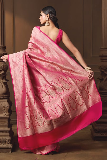 Shop Vishwa By Pinki Sinha Pink Silk Zari Forest Woven Saree With Running Blouse Piece at Aza Fashions Shop_Vishwa By Pinki Sinha_Pink Silk Zari Forest Woven Saree With Running Blouse Piece _at_Aza_Fashions