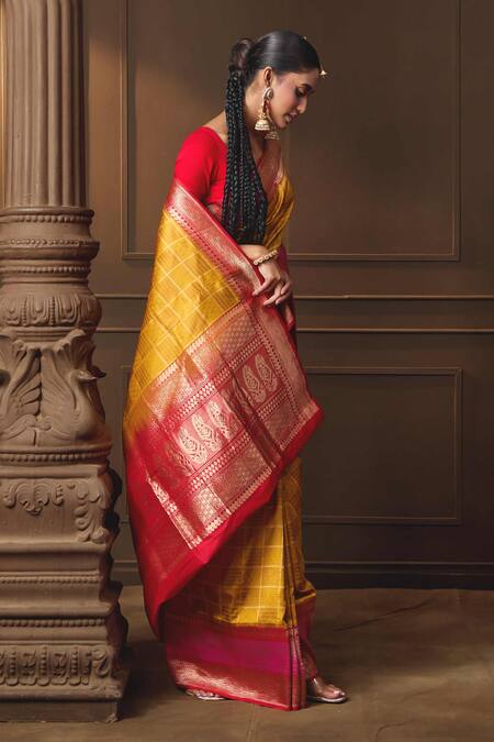Vishwa By Pinki Sinha Yellow Silk Zari Woven Saree With Running Blouse Piece Online at Aza Fashions Vishwa By Pinki Sinha_Yellow Silk Zari Woven Saree With Running Blouse Piece _Online_at_Aza_Fashions