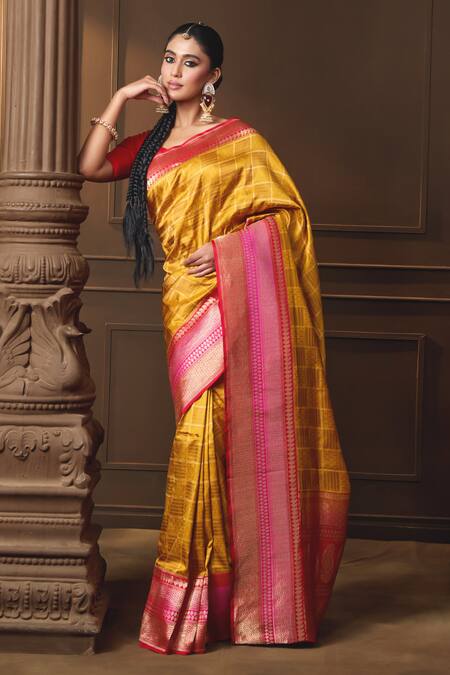 Shop Vishwa By Pinki Sinha Yellow Silk Zari Woven Saree With Running Blouse Piece Online at Aza Fashions Shop_Vishwa By Pinki Sinha_Yellow Silk Zari Woven Saree With Running Blouse Piece _Online_at_Aza_Fashions