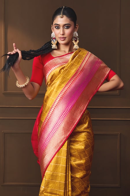 Vishwa By Pinki Sinha Yellow Silk Zari Woven Saree With Running Blouse Piece at Aza Fashions Vishwa By Pinki Sinha_Yellow Silk Zari Woven Saree With Running Blouse Piece _at_Aza_Fashions