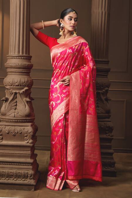 Vishwa By Pinki Sinha Pink Silk Zari Banarasi Saree With Running Blouse Piece Online at Aza Fashions Vishwa By Pinki Sinha_Pink Silk Zari Banarasi Saree With Running Blouse Piece _Online_at_Aza_Fashions